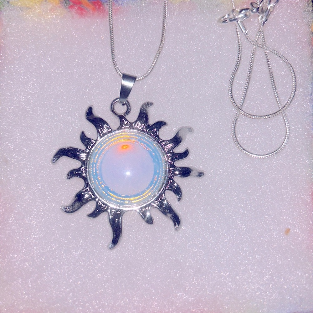 Boho hippie Opal Crystal Sun Sterling Silver Necklace 16”